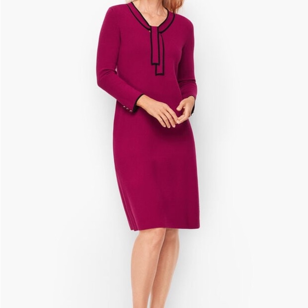 Talbots Magenta Long-Sleeve Tie-Neck Knit Dress with Black Trim